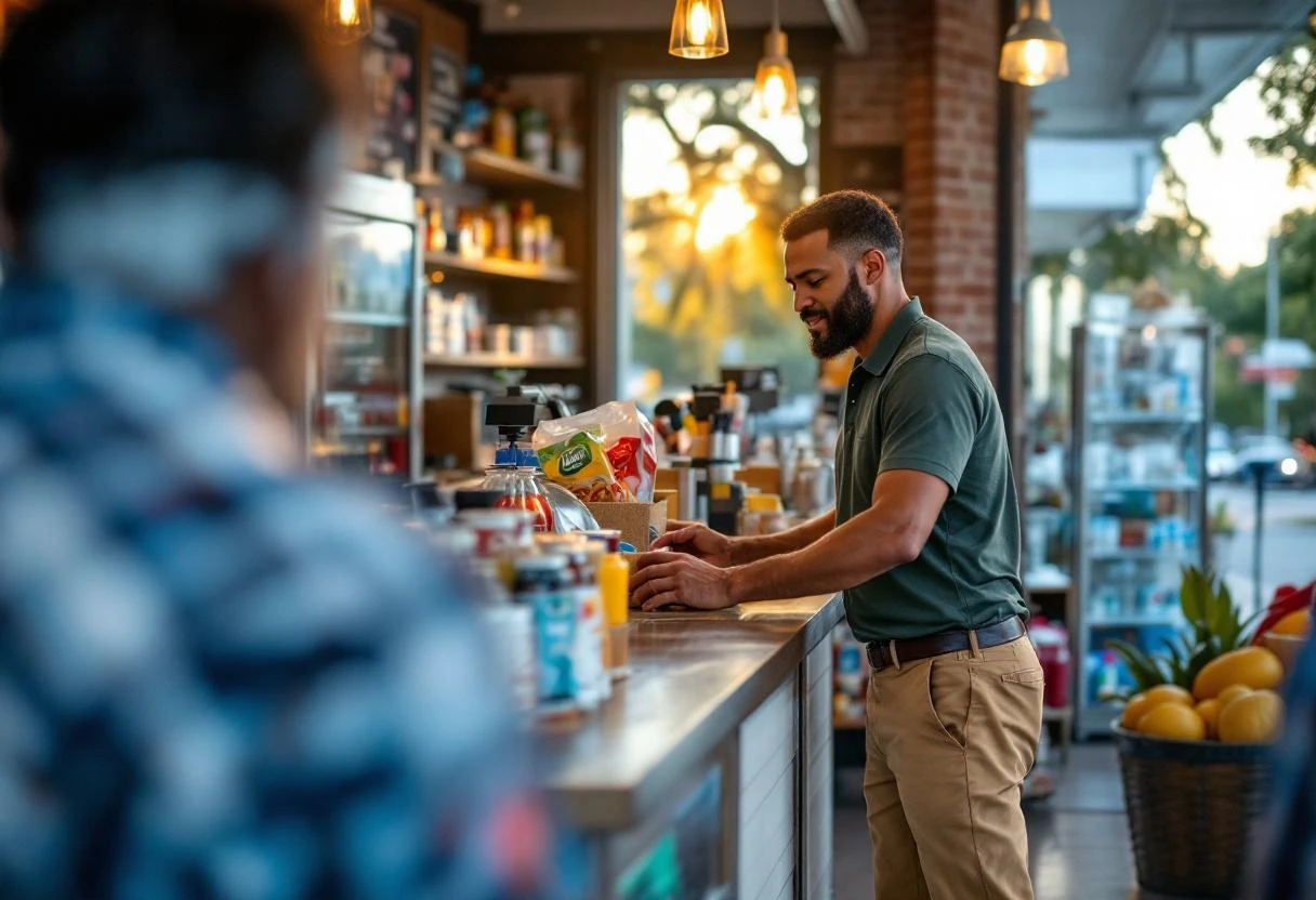 A 35-year-old store manager in khaki pants and a green polo shirt restocking shelves behind the main counter of a small