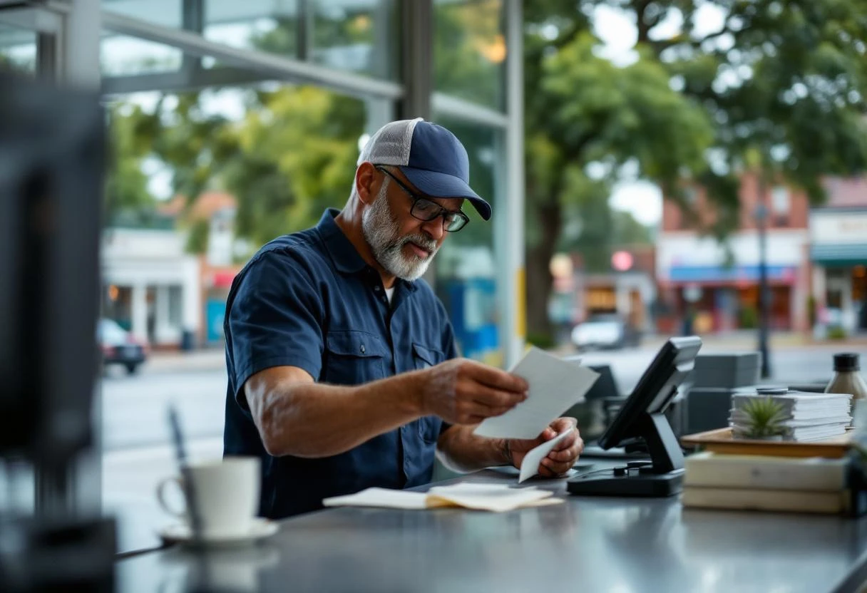 A 42-year-old gas station attendant in a navy work shirt counting paper bills at the service counter during morning shif