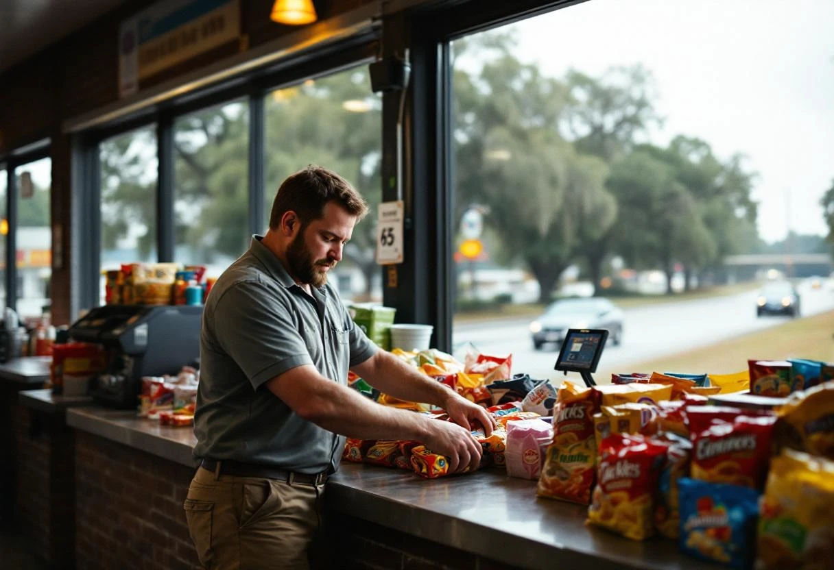 A 35-year-old gas station attendant in khakis and a polo shirt restocking merchandise behind the counter of a travel center