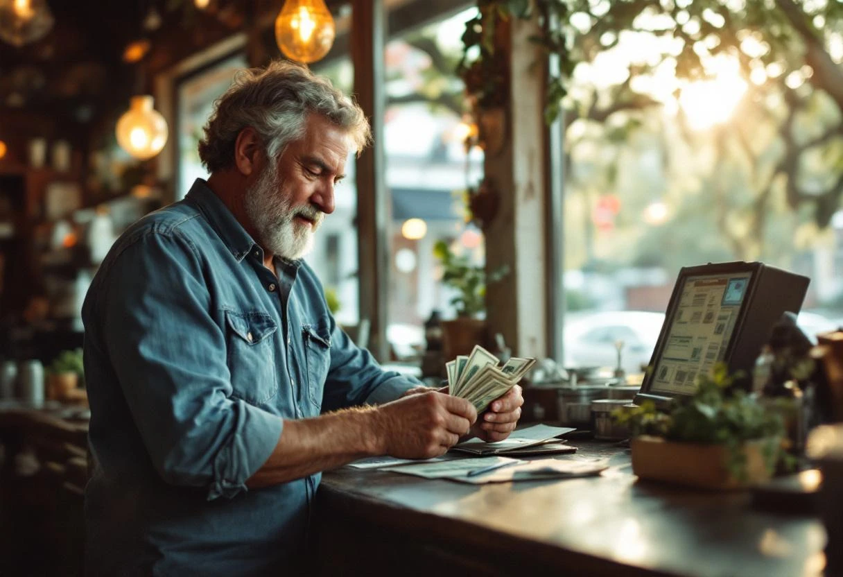 A middle-aged restaurant owner in a denim shirt counting dollar bills at the back counter of his family diner in Coastal