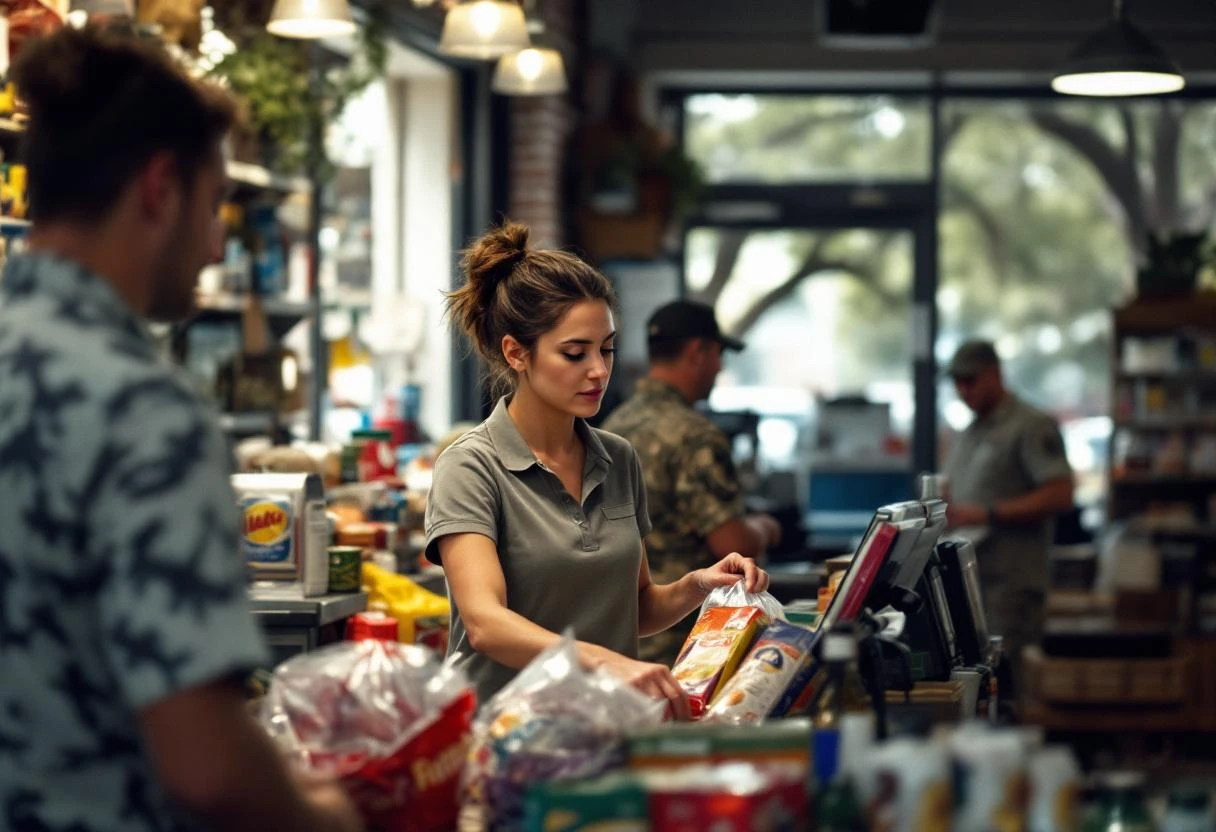 A convenience store clerk in her thirties wearing a polo shirt organizing merchandise behind the counter while military