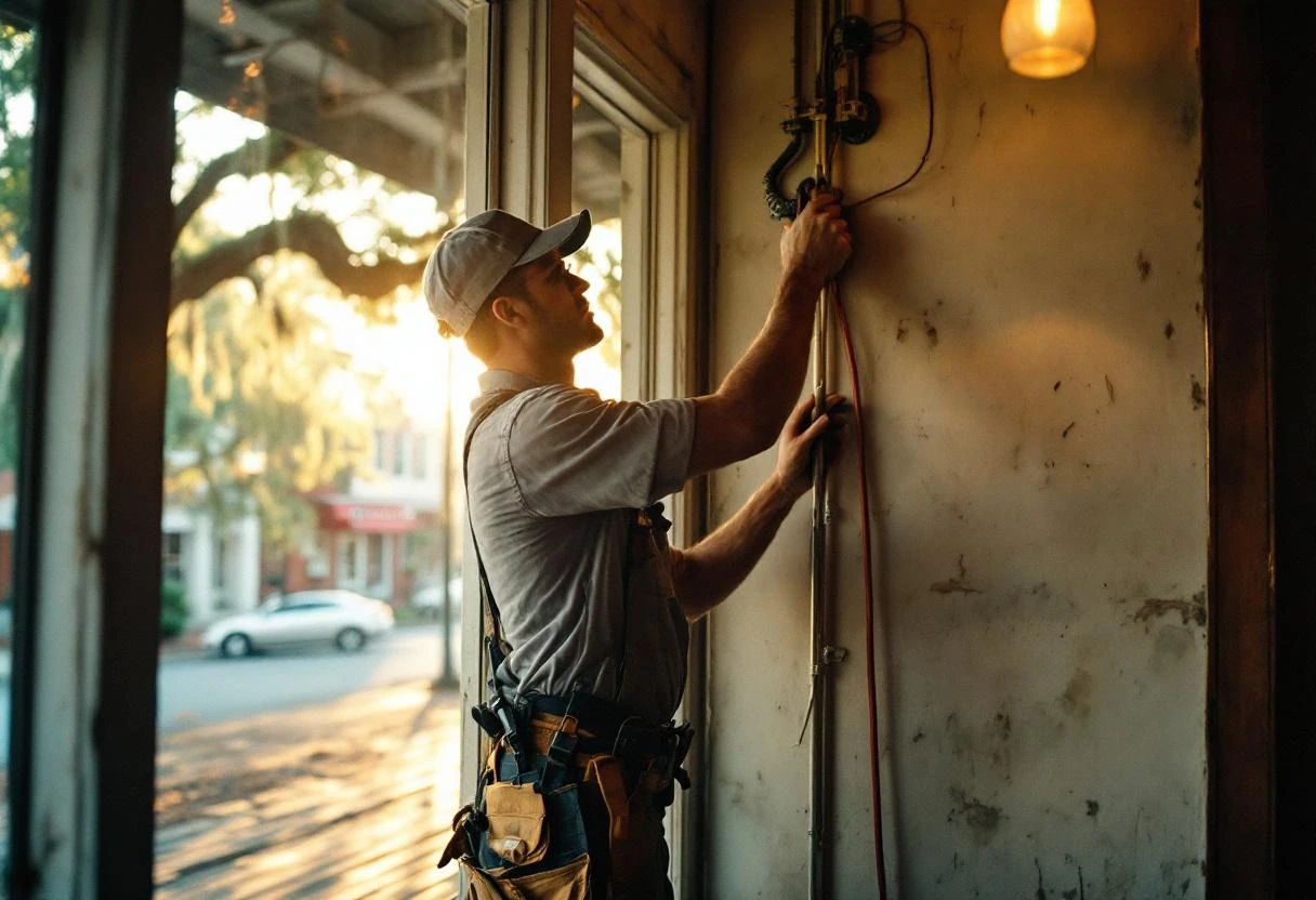 A technician in work clothes and tool belt installing electrical conduit along the interior wall of a small business in