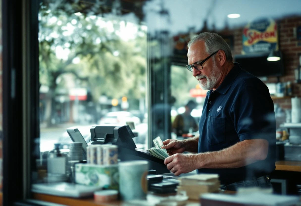 A middle-aged convenience store clerk in a navy polo counting paper bills at the front counter during morning rush hour
