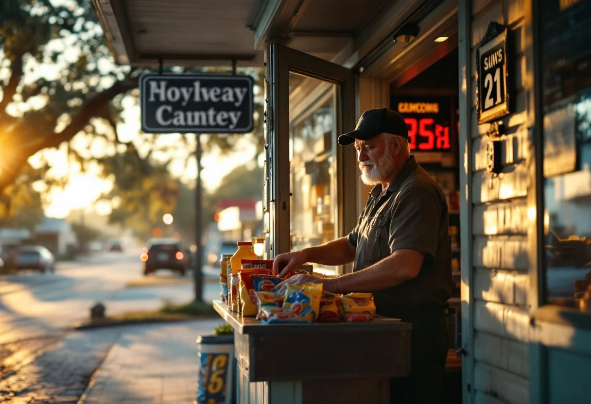 A middle-aged gas station attendant in a work uniform restocking snacks behind the counter of a convenience store along
