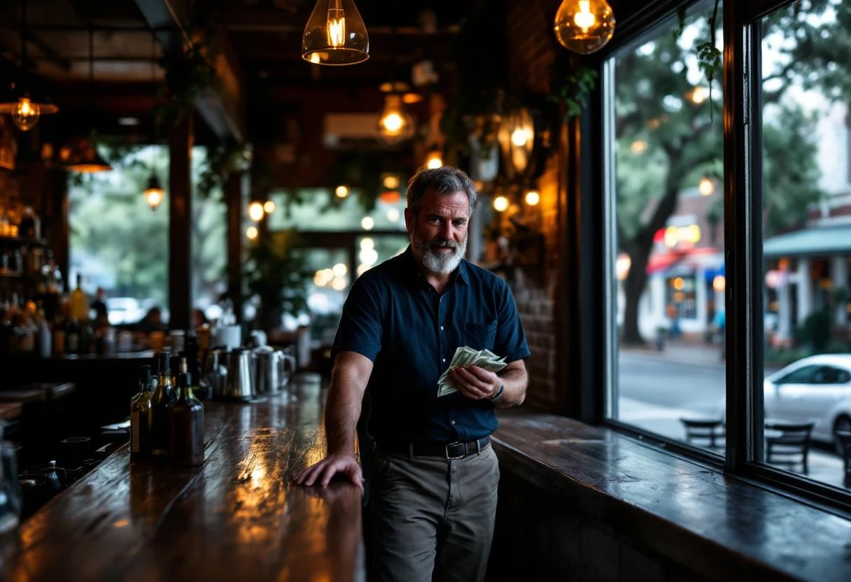 A 35-year-old bar owner in a dark button-down shirt and khakis standing behind the wooden bar counter of a dimly-lit tav