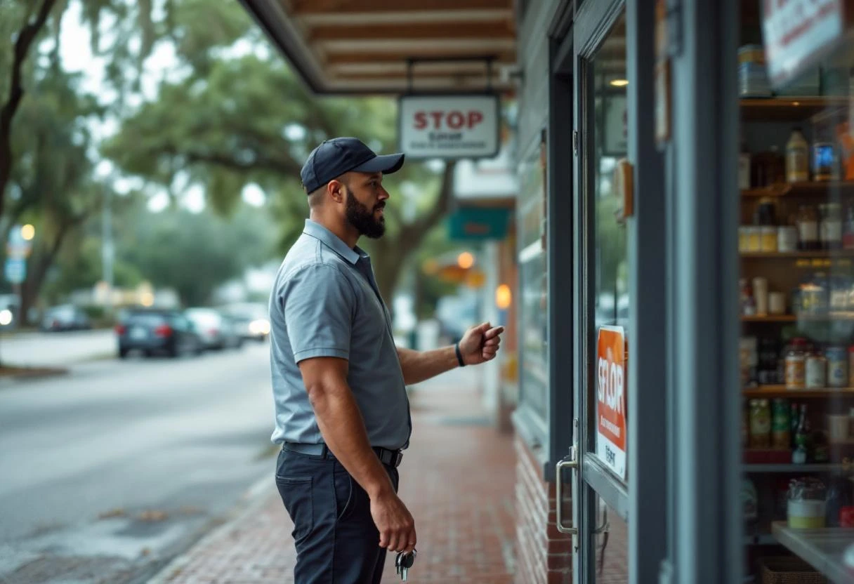 A 28-year-old convenience store clerk in a polo shirt and dark pants unlocking the front glass door of a small independe