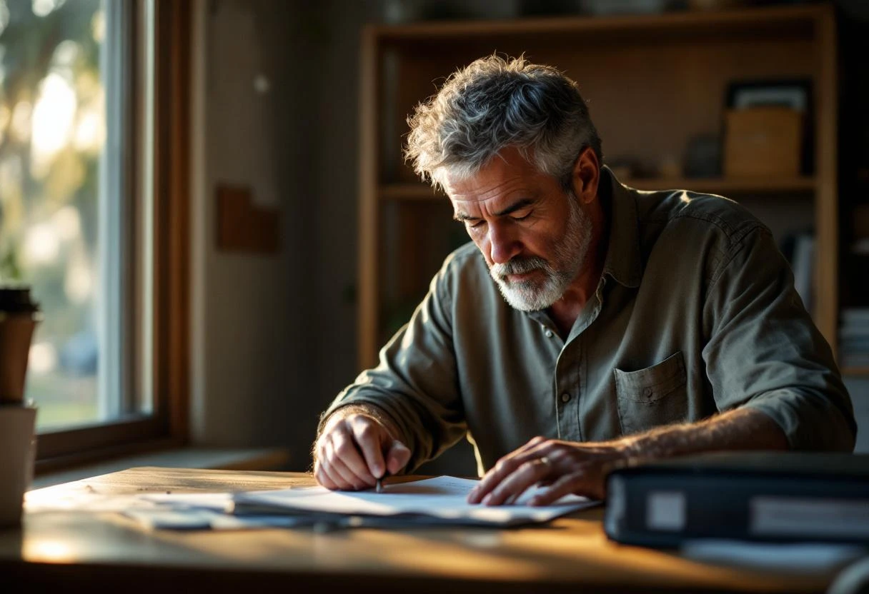ATM route operator reviewing a monthly statement in his Coastal Georgia home office
