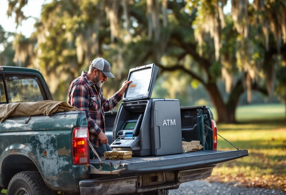 ATM route operator loading a cash cassette into his pickup truck at sunrise